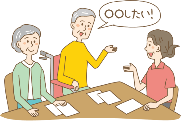 利用者が目標をスタッフに話しているイメージイラスト